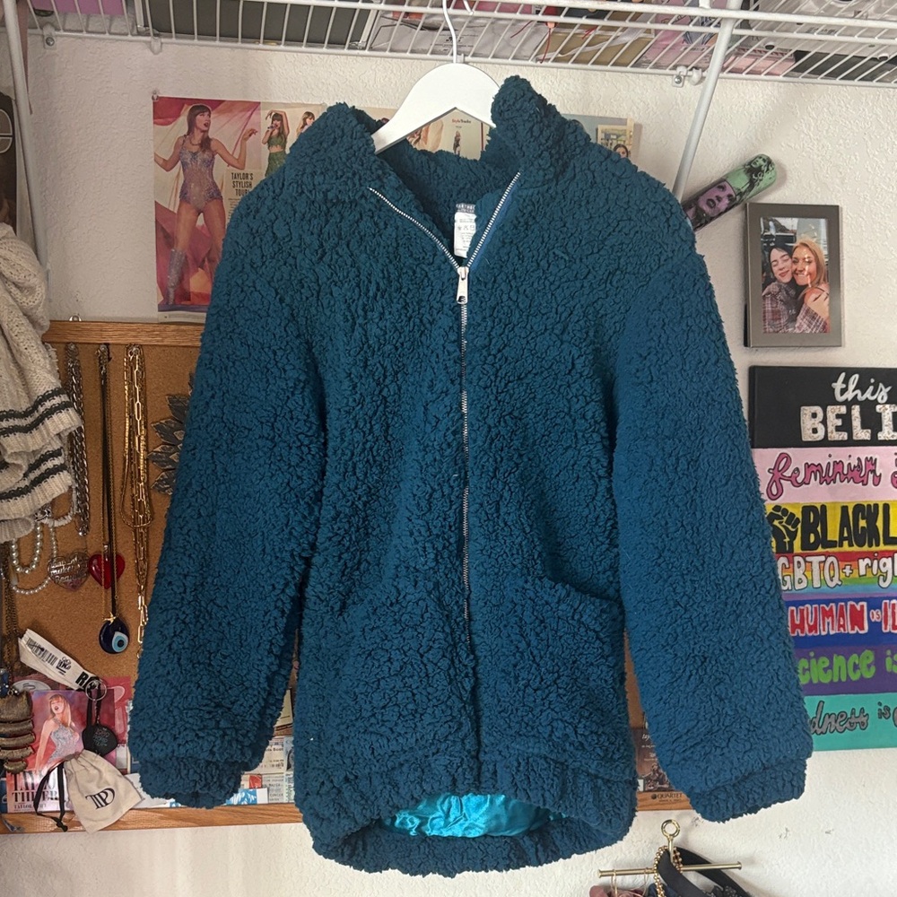 Cozy Oversized Silk-Lined Blue Sherpa Jacket